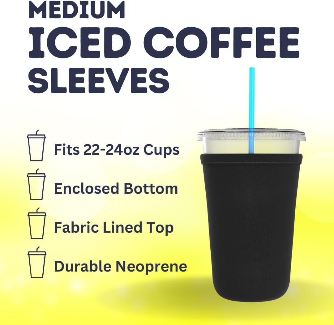TahoeBay Iced Coffee Cold Cup Sleeve (4-Pack) Reusable Blank Neoprene Insulator Drink Sleeves 22-24oz Beverage Holder for Vinyl Sublimation fits Dunkin' Medium and Starbucks Venti (Black) - TahoeBay