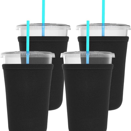 TahoeBay Iced Coffee Cold Cup Sleeve (4-Pack) Reusable Blank Neoprene Insulator Drink Sleeves 22-24oz Beverage Holder for Vinyl Sublimation fits Dunkin' Medium and Starbucks Venti (Black) - TahoeBay