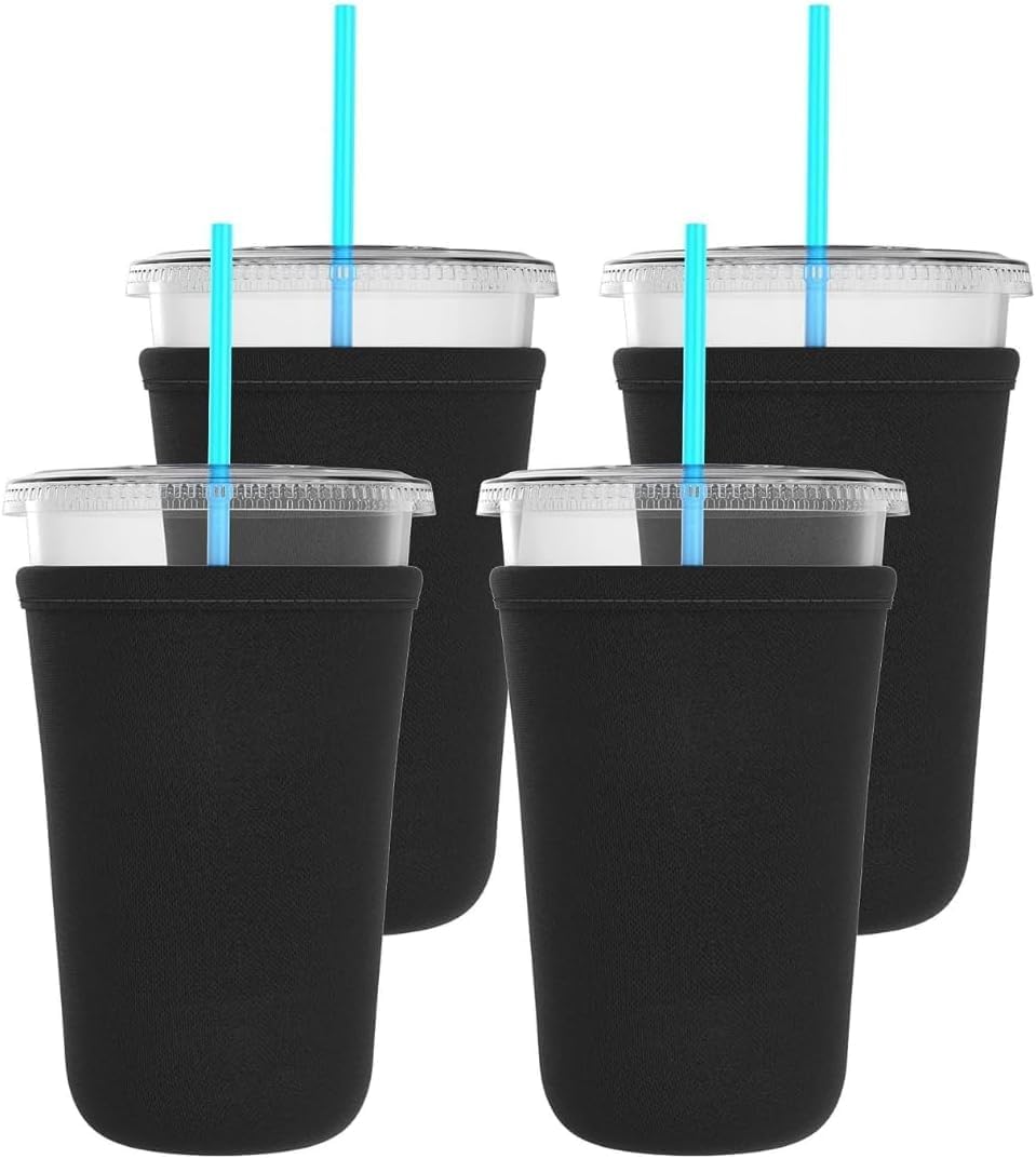 TahoeBay Iced Coffee Cold Cup Sleeve (4-Pack) Reusable Blank Neoprene Insulator Drink Sleeves 22-24oz Beverage Holder for Vinyl Sublimation fits Dunkin' Medium and Starbucks Venti (Black) - TahoeBay