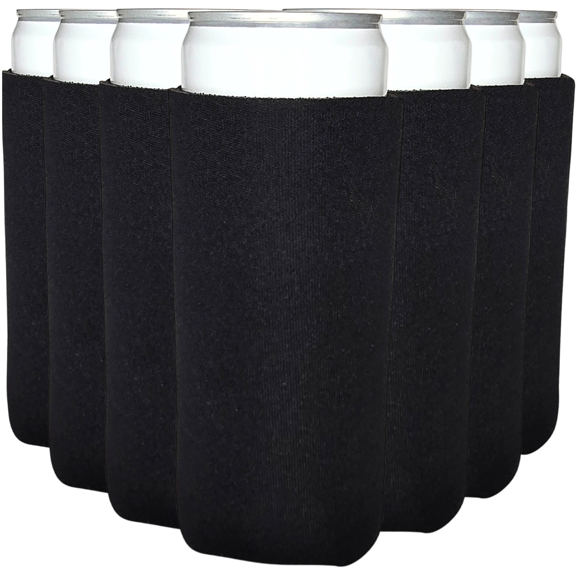 Set of six black can coolers with white cans inside on a white background