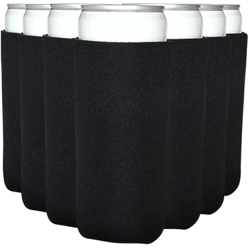 Set of six black can coolers with white cans inside on a white background