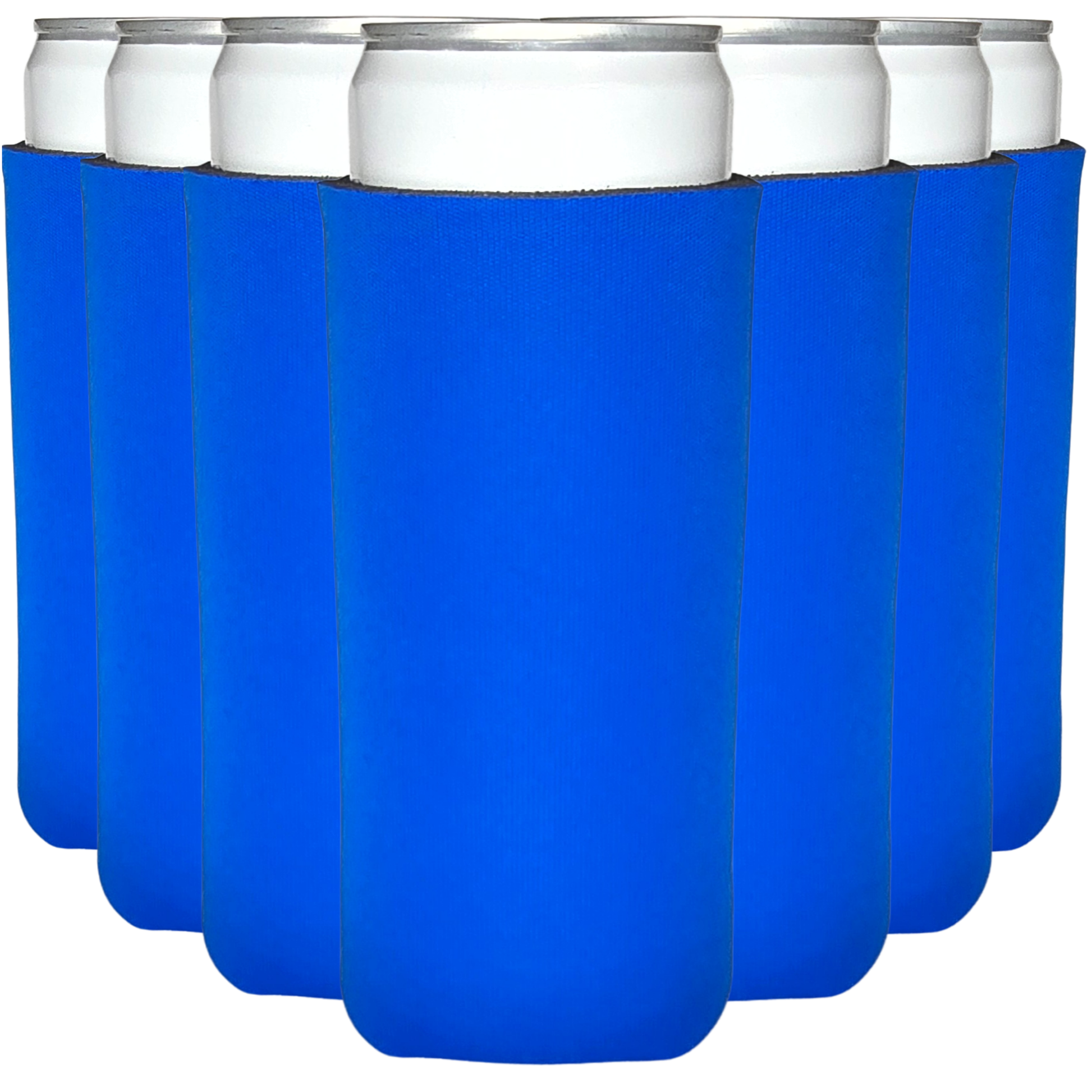 Set of six white cans with blue sleeves on a white background
